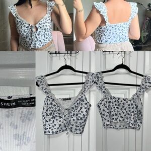 SHEIN White and Blue Floral Crop Top